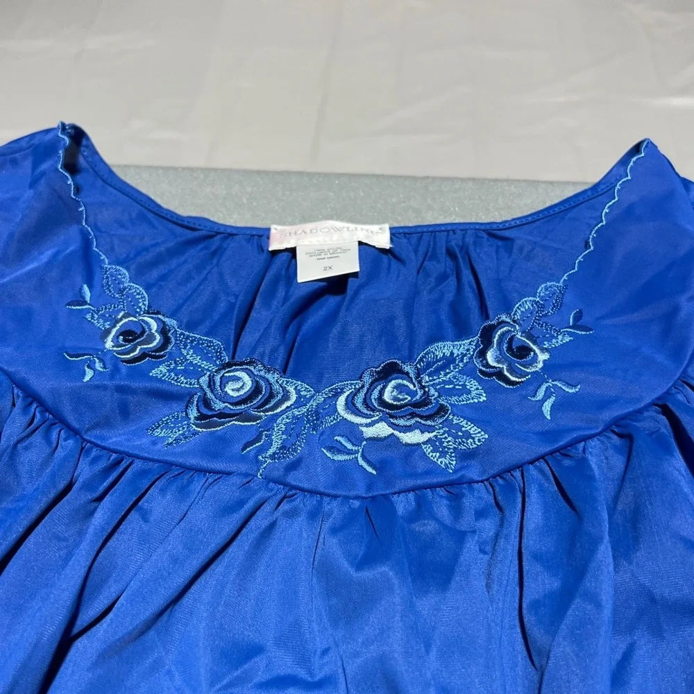 Shadowline Vintage Royal Blue Floral Embroidered Maxi Nightgown Short Sleeve 2X
